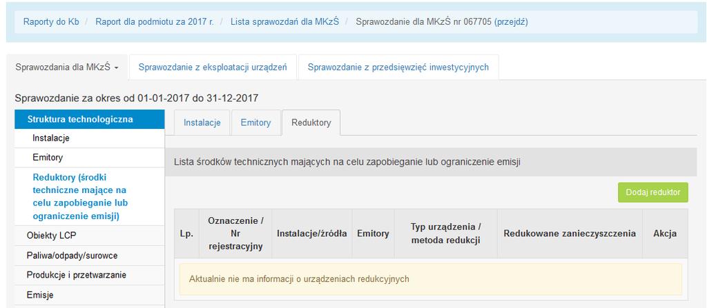 Wyświetli się wówczas formularz uzupełniony danymi urządzenia redukcyjnego, w którym można będzie dokonać stosownych korekt, których zatwierdzenia odbywa się poprzez naciśnięcie przycisku Zapisz