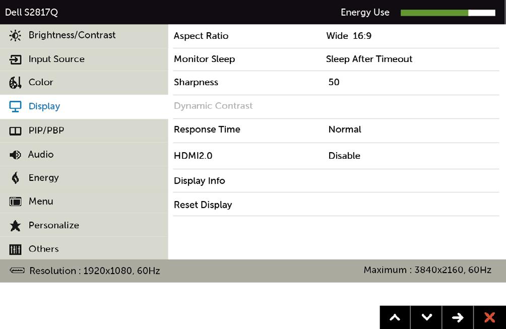 Ikona Menu i podmenu Wyświetlania Opis Współczynnik proporcji Uśpienie monitora Ostrość Kontrast dynamiczny Czas odpowiedzi HDMI2.0 Display Info (Inf.