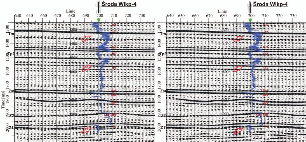 artykuły a) Rys. 5. Wynik zastosowania dekonwolucji typu shape filter na fragmentach sekcji sejsmicznej XL360 w rejonie otworu Środa Wielkopolska-4: a) dane wejściowe, wynik procedury dekonwolucji.