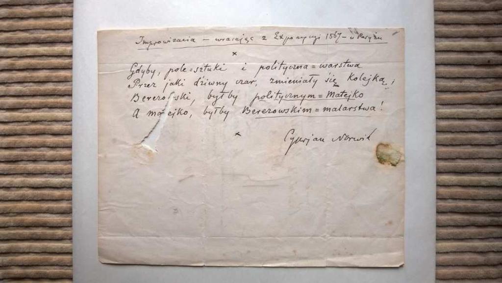ŁUKASZ NIEWCZAS Autograf wiersza Improwizacja wracajc z Expozycji 1867 w Paryu, strona verso. Archiwum zamku w Montresor, fot.