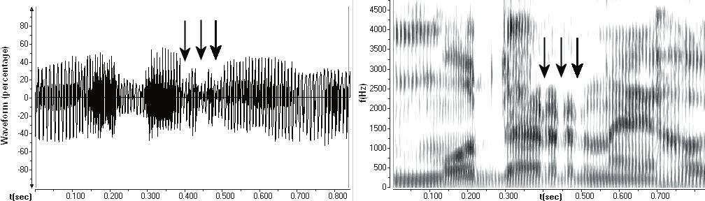 (c) Troj- a viackmitové r (pravé vibranty) Obr. 11. Oscilogram a spektrogram slova moderného (V.