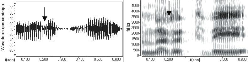 Obr. 30. Oscilogram a spektrogram slova mŕtvy (O. Holič, spravodajstvo, Rádio Slovensko). Obr. 31. Oscilogram a spektrogram slova kŕmenie (P. D., žena, dialogický žáner, Rádio Slovensko).