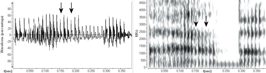 Obr. 33. Oscilogram a spektrogram slova hŕba (D. Jamrich, umelecký žáner, Rádio Slovensko).