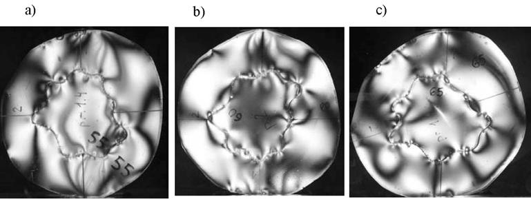 Obrazy izochrom dla modelu o kształcie kołowym przy F=5N: a) E k1 =E r1 =2,24 MPa, b) E k2=e r2 =3,48 MPa, c) E k3 =E r3 =4,48 MPa Images of isochromatic lines for circular model at F=5N: a) E k1 =E