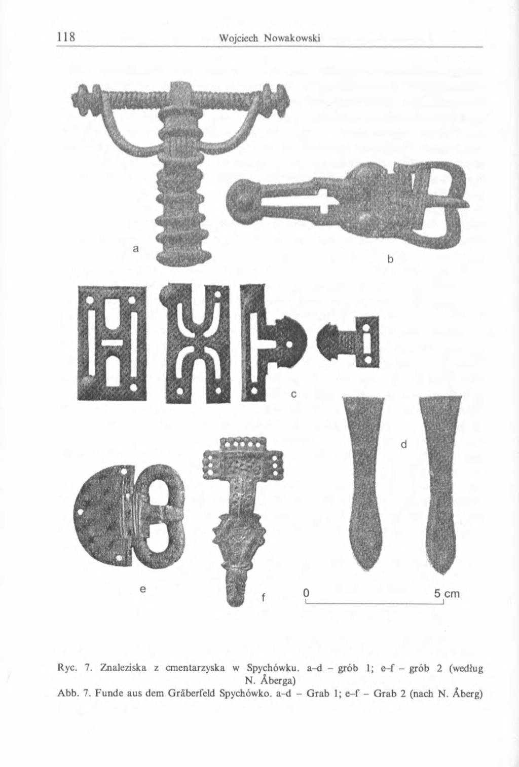 Ryc. 7. Znaleziska z cmentarzyska w Spychówku. a-d - grób 1; e - f - grób 2 (według N.