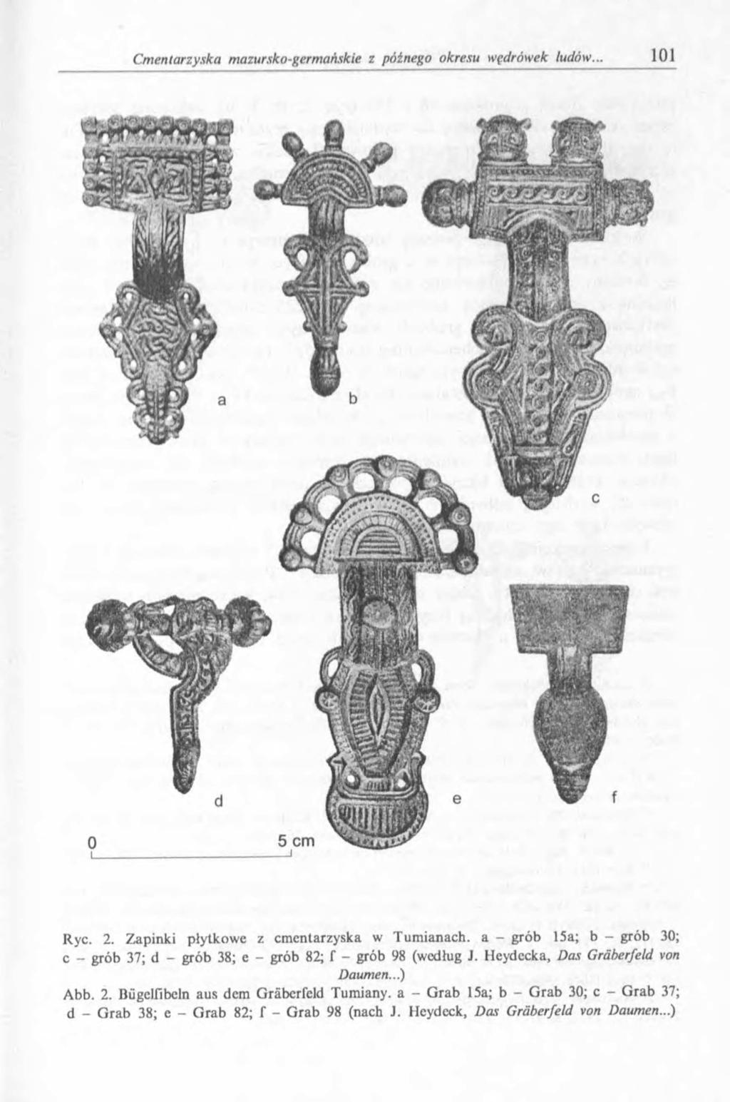 Ryc. 2. Zapinki płytkowe z cmentarzyska w Tumianach. a - grób 15a; b - grób 30; с - grób 37; d - grób 38; e - grób 82; f - grób 98 (wodług J. Heydccka, Das Gräberfeld von Daumen.