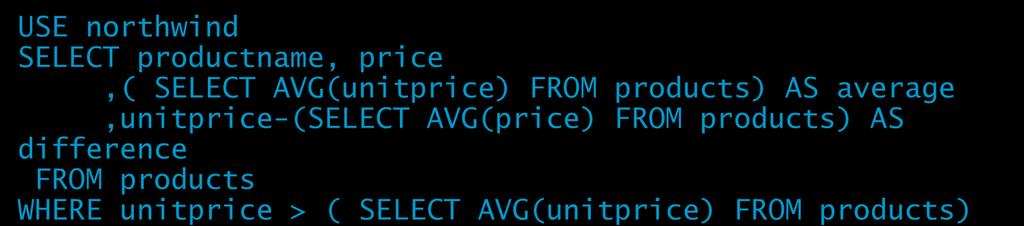 average,unitprice-(select AVG(price) FROM products) AS difference FROM