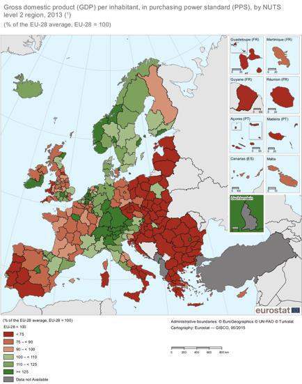 Harta 3 PIB-ul p.c. PPS, în anul 2013 (% din media UE28) Sursa: EUROSTAT În anul 2015, în Regiunea Vest erau înregistrate 47.