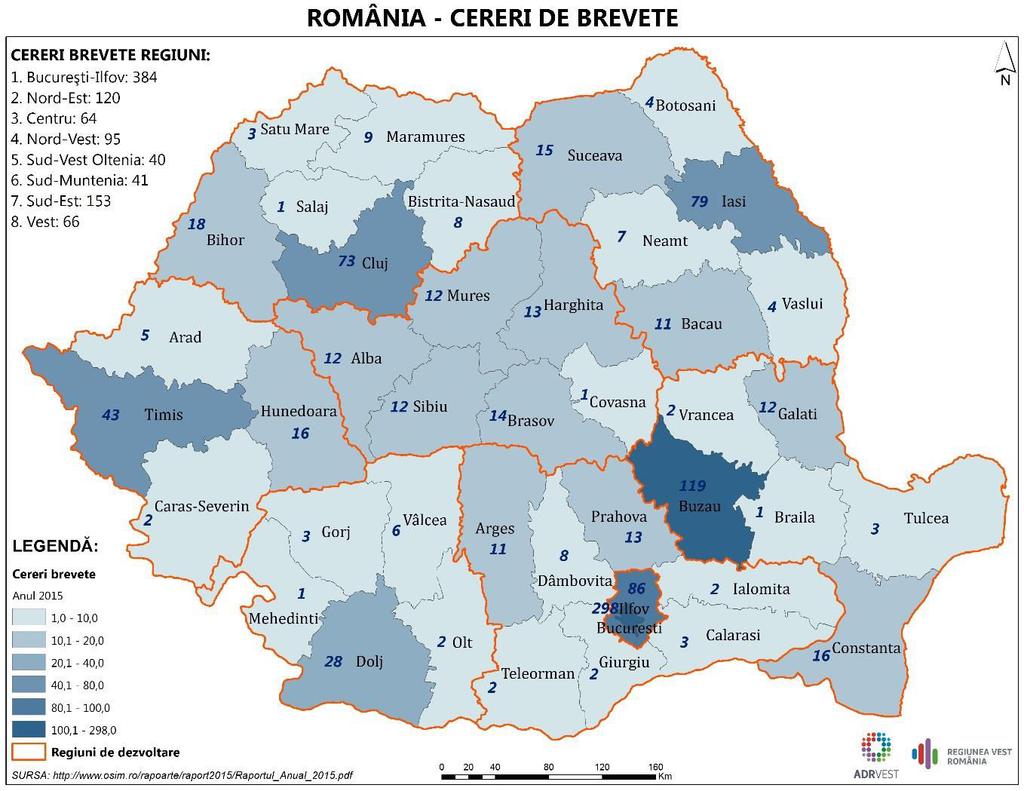 Harta 6 Cererile de brevete în România la nivel regional, anul 2015 Sursa: http://www.osim.ro/rapoarte/raport2015/raportul_anual_2015.pdf Figura 10 Evolu ia cererilor de brevete în anul 2015 40.0 26.