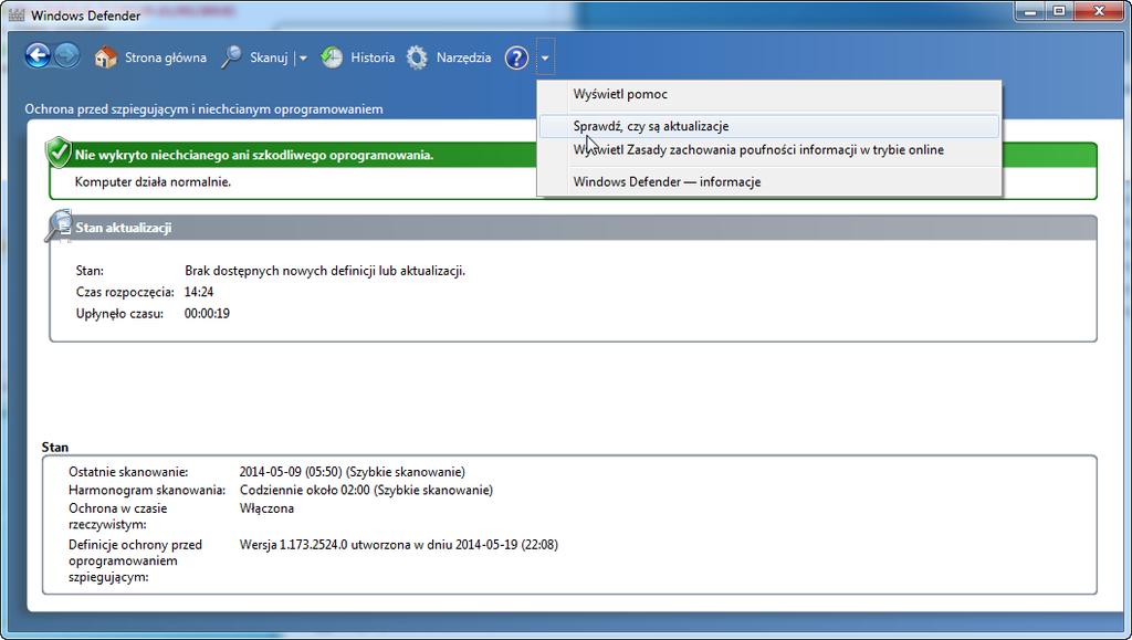Czy Windows Defender może sprawdzać aktualizacje? Zamknij okno Windows Defender.