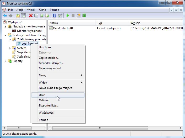 Zamknij plik DataCollector01.csv i okno z folderem PerfLogs. Wybierz okno "Monitor wydajności". Kliknij prawym przyciskiem myszy Dzienniki pamięci> Usuń> Tak.