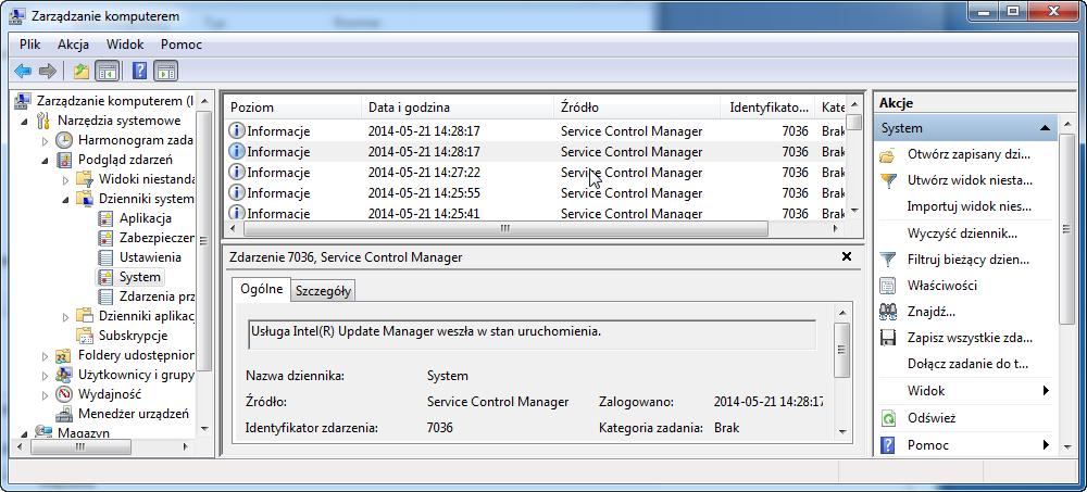 Rozwiń Zdarzenia Windows> Logi Windows > wybierz System. Wybierz drugie zdarzenie z listy. Spójrz poniżej w zakładkę Ogólne, a następnie wyjaśnij, co się stało z usługą Windows Defender.