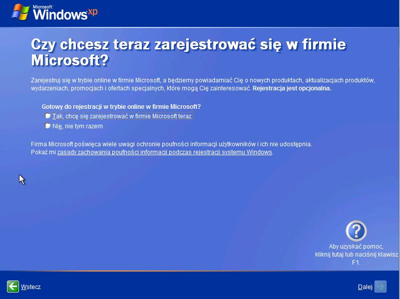 Krok 18 Jeśli masz połączenie z Internetem wybierz "Tak, chcę sięzarejestrować w firmie Microsoft teraz" Jeśli nie masz połączenia z