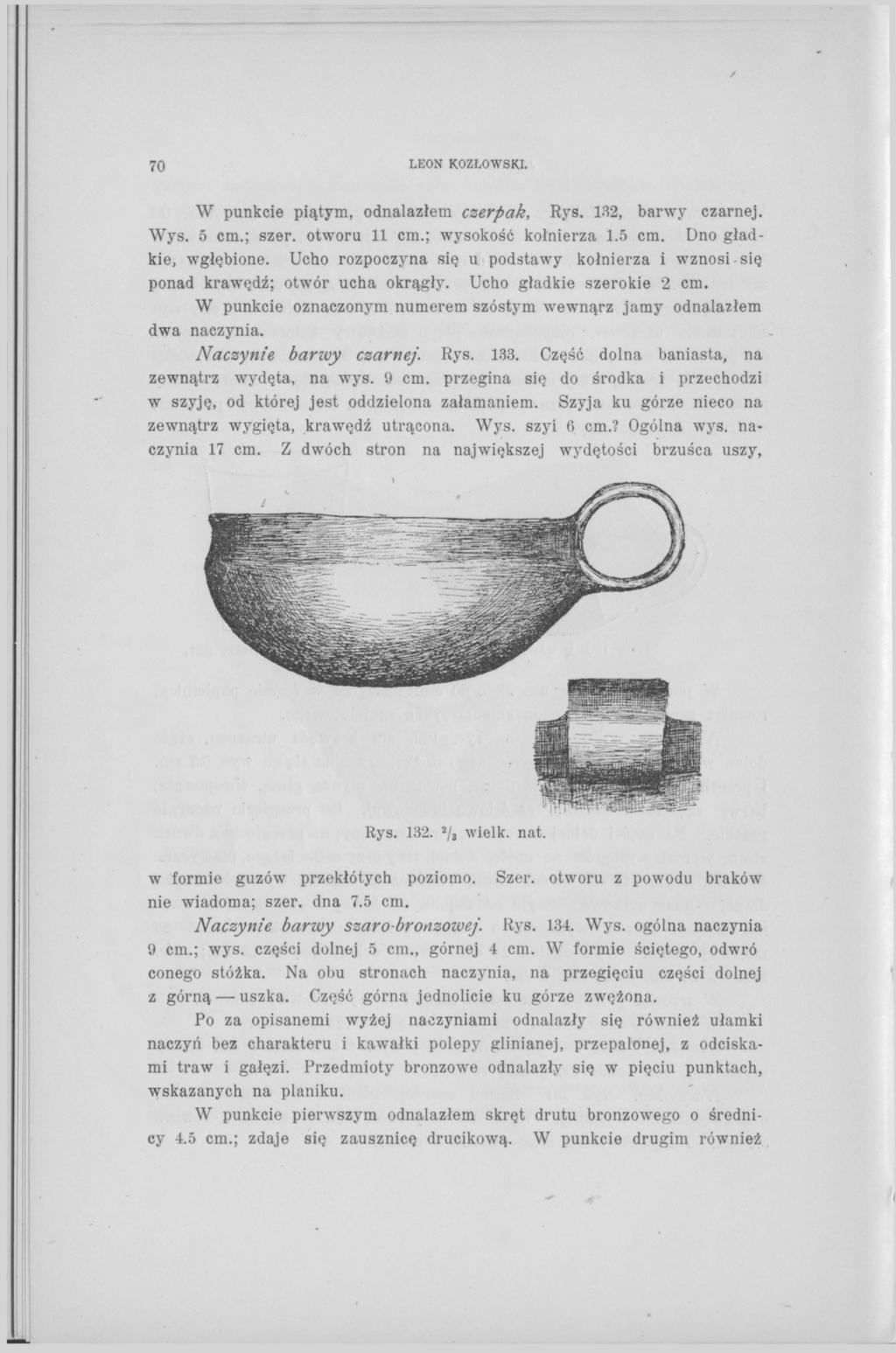 70 LEON KOZŁOWSKI. W punkcie piątym, odnalazłem czerpak, Rys. 132, barwy czarnej. Wys. 5 cm.; szer. otworu 11 cm.; wysokość kołnierza 1.5 cm. Dno gładkie, wgłębione.