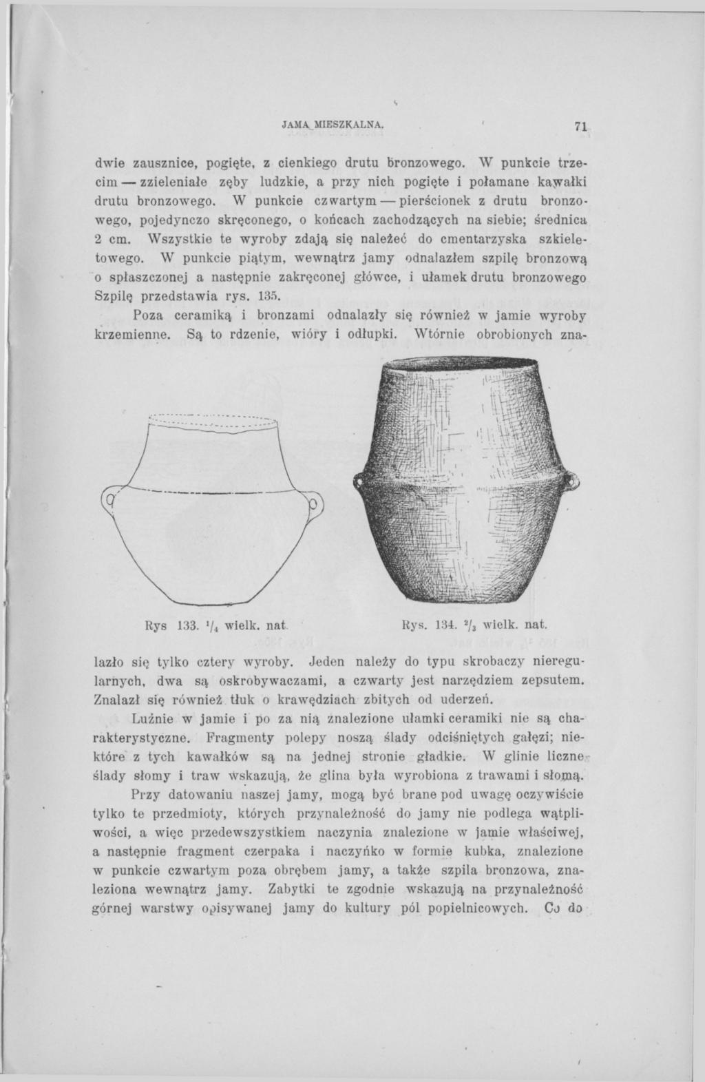 JAMA MIESZKALNA. 71 Rys 133. 'U wielk. nat Kys. 134. г /з wielk. nat. dwie zausznice, pogięte, z cienkiego drutu bronzowego.