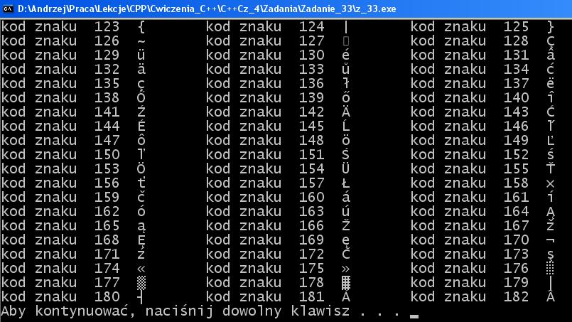6 Zadanie 33 Temat: Program wypisujący kody ASCII oraz liczby odpowiadające tym kodom. ETAP1 Napisać program drukujący na ekranie kody ASCII dla znaków o numerach od 33 do 255.