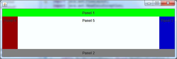 BorderLayout wygodny do podziału okna na funkcjonalne obszary setlayout(new BorderLayout()); JPanel p1 = new JPanel(); JPanel p2 = new JPanel(); JPanel p3 = new JPanel(); JPanel p4 = new