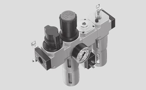 Zespoły przygotowania powietrza FRC-KC, seria D, wersja metalowa DanetechnicznezespołuFRC-KC Funkcja -M- Przepływ 640 7800 l/min -Q- Zakres temperatury 10 +60 C Zawór załączający HE uruchamiany