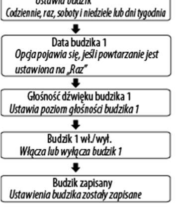 Ustawianie godziny budzenia: Włącz radio (ustawienia budzika nie mogą być zmieniane w trybie gotowości). Naciśnij jeden raz przycisk Alarm, by ustawić Budzik 1 lub dwa razy, by ustawić Budzik 2.