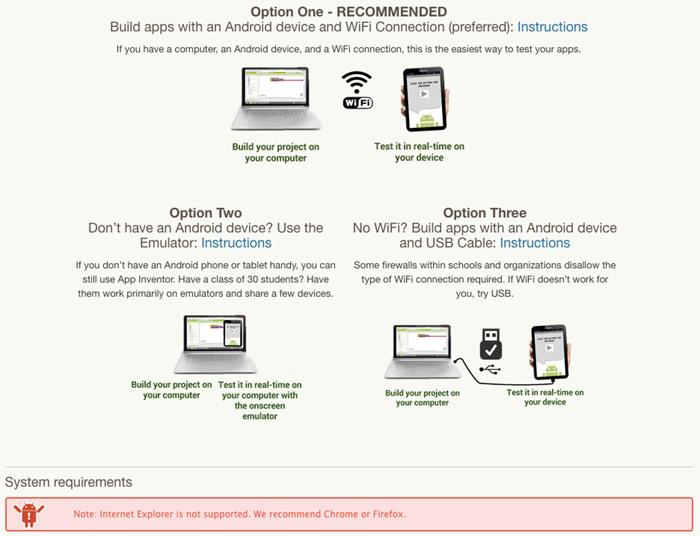 W tym momencie zainstalujmy aplikacje MIT AI2 Companion na smartfonie wybierając Option One lub ściągnijmy program aistarter i zainstalujmy go na komputerze wybierając Option Two.