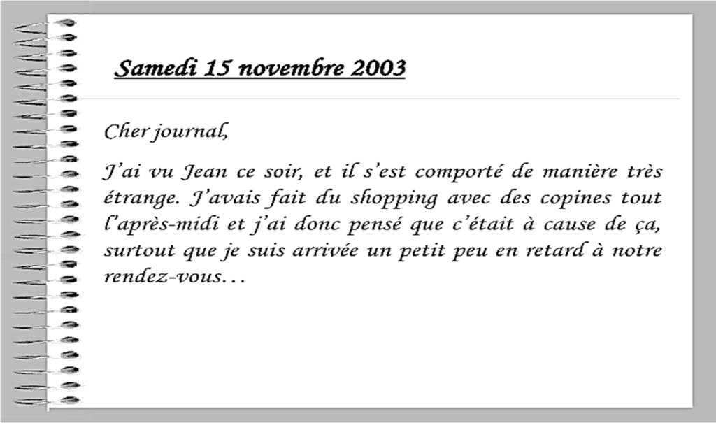 Le problème de Sandrine est qu elle. apprend très peu.. se sent seule en classe.. a peur avant les contrôles en classe. Lundi 31 décembre Journal intime de Manon her journal, est promis!