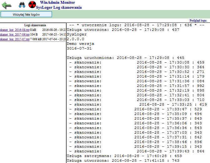 Program WinAdmin Monitor zaimplementowane ma opcje: uruchomienia serwisu, wyłączenia serwisu, przeglądu logu skanowania, sprawdzenia statusu serwisu.