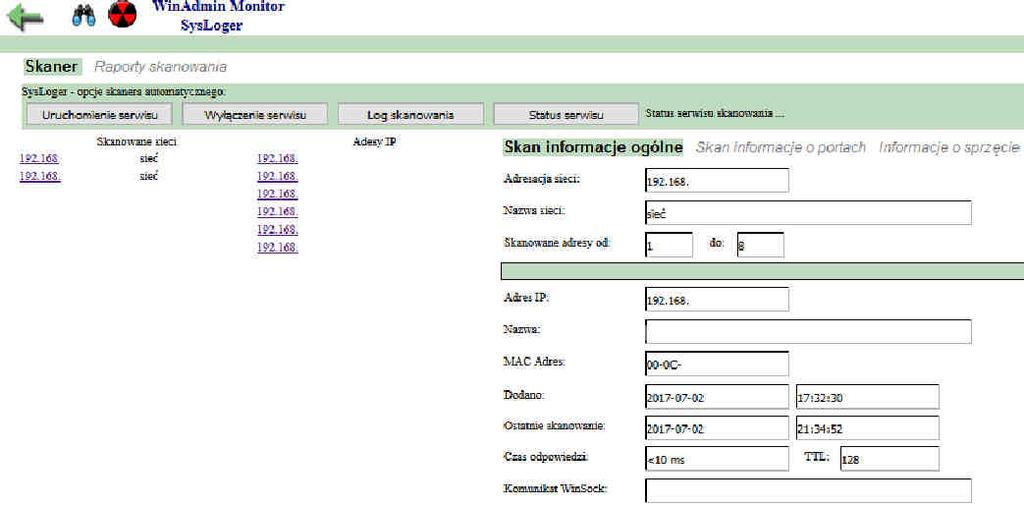 W dodatkowych zakładkach: skan informacje o portach, informacje o sprzęcie, program WinAdmin Monitor prezentuje dodatkowe informacje jak informacje o dostępnych portach wraz z opisem (szczegółowy