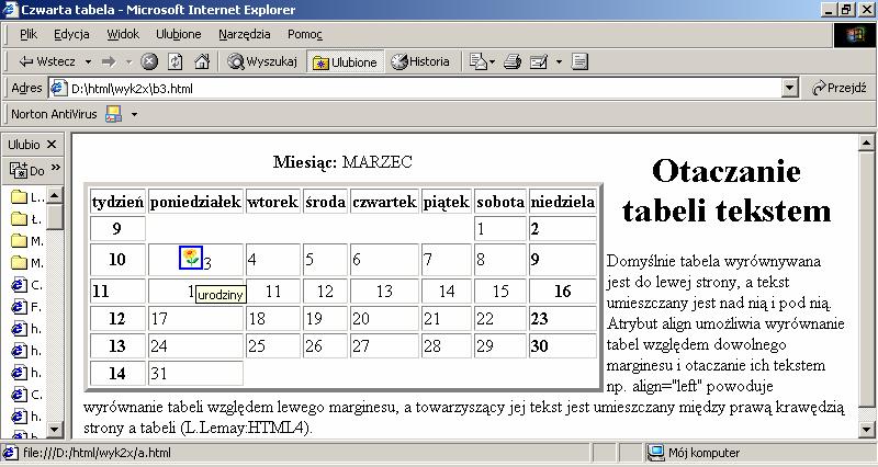1.4. Dodawanie połączeń do stron WWW w tabelach Zastosowanie znacznika <a> z atrybutem href, którego wartością jest adres URL nowej strony WWW- pozwala wstawić połączenie do tej strony.