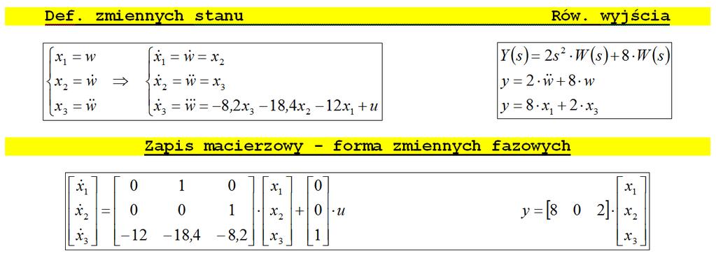 Wyznaczenie opiu układu w potaci równań algebraiczno-różniczkowych oraz w przetrzeni tanu Wyznaczenie opiu układu w potaci równań