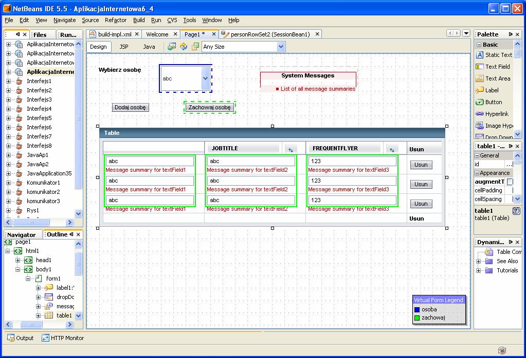 Widok strony Page1 w trybie Design Obsługa zdarzenia od naciśnietego klawisza button3 Usun public String button3_action() { } form1.