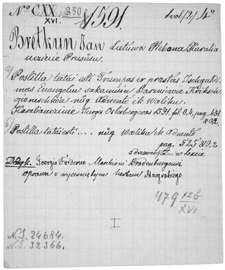 13 pav. Emeryko Hutten-Czapskio Stankavoje rašyta katalogo kortelė; BCzap: XVI 350 Kortelė rašyta violetiniu rašalu, išskyrus vėlesnius muziejaus įrašus.