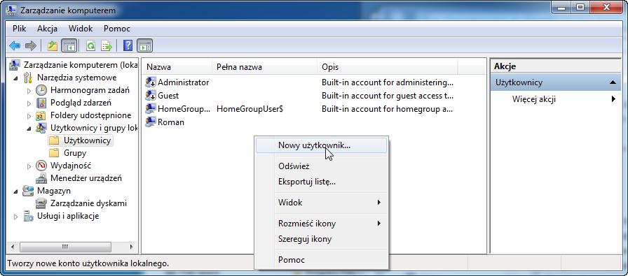 Krok 4 Kliknij prawym przyciskiem myszy w wolnym obszarze w środkowym panelu okna "Zarządzanie komputerem". Wybierz Nowy użytkownik.