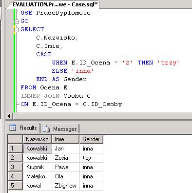 Rys. 2 Wynik działania skryptu z użyciem instrukcji CASE 3. Zastosuj stronicowanie danych Z menu głównego wybierz File -> Open -> File. Odszukaj pliku C:\Labs\Lab06\Stronicowanie.