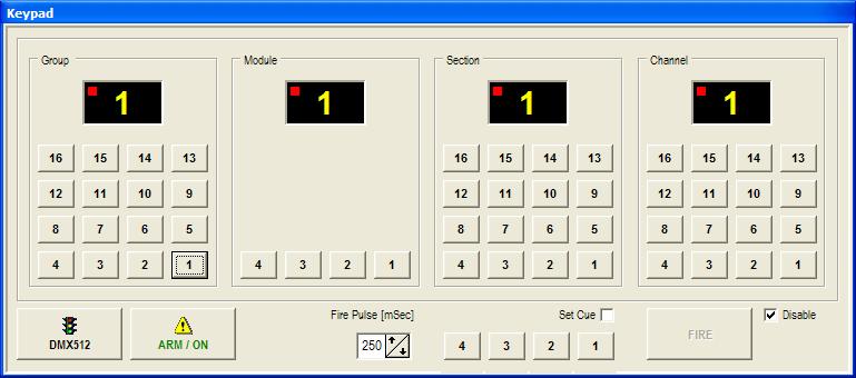 IV. Okno Keypad - jest dedykowane do pracy na scenie - wybór żądanego obwodu zapalczego, realizowany przyciskami Group / Module / Section / Channel, nie jest potwierdzany jego testem jak w programie