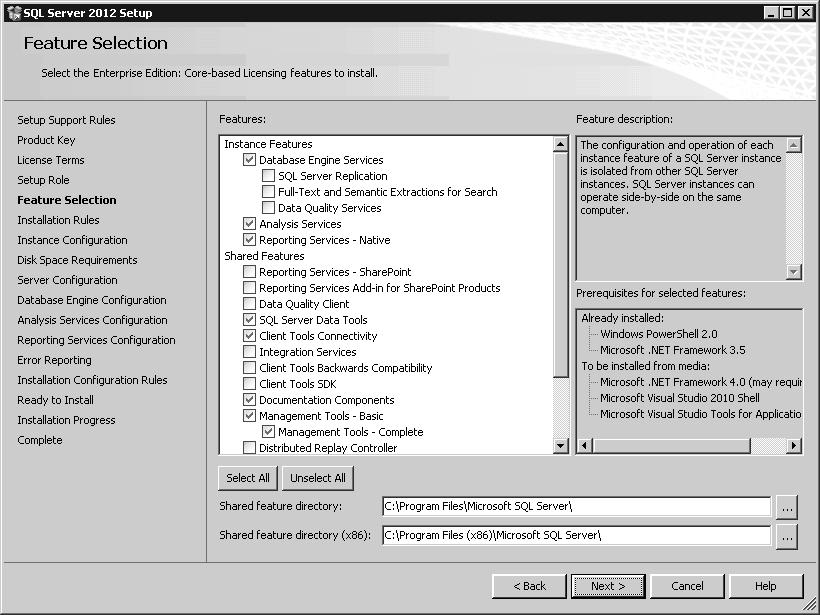 Przeprowadzanie instalacji 75 RYSUNEK 4-1 Wybór funkcji w kreatorze SQL Server 2012 Setup W środowisku produkcyjnym należy instalować tylko funkcje niezbędne do działania serwera raportów, takie jak