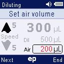 Dil SeqD Set air volume Objętość pęcherzyka powietrza Po zmianie objętości pęcherzyka powietrza maksymalna potencjalna objętość rozcieńczalnika zostanie ustawiona automatycznie. Set diluent vol.