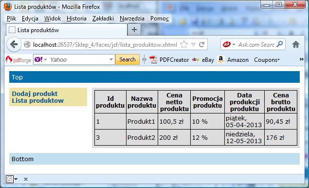 Stan danych po wprowadzeniu produktu