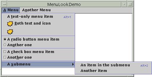 Tworzenie Menu (2) Programowanie w języku Java 17 Tworzenie Menu (3) JMenuBar menubar; JMenu menu, submenu; JMenuItem menuitem; JRadioButtonMenuItem rbmenuitem; JCheckBoxMenuItem cbmenuitem; menubar