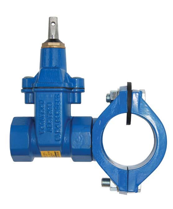 ZASUWO-OPASKA Z KLINEM GUMOWANYM NA RURĘ PVC/PE GATE VALVE WITH TAPPING SADDLE AND GUMMED- WEDGE FOR PVC/PE PIPES ХОМУТ С ОБРЕЗИНЕННЫМ КЛИНОМ, С ЗАДВИЖКОЙ И ОБОЙМОЙ, ДЛЯ ТРУБ ИЗ ПВХ/ПЭ ŻELIWO