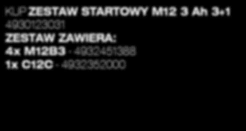 KUP ZESTAW STARTOWY M12 3 Ah 31 4930123031 4x M12B3-4932451388 1x C12C - 4932352000 779.00 zł bez Vat 958.