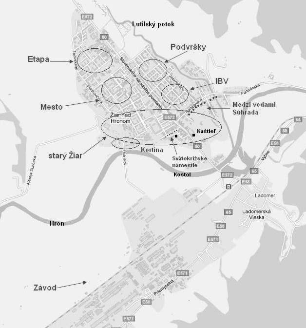 Žiar nad Hronom priemyselné mesto Mapka zobrazuje neofi ciálne mestské časti Žiaru nad Hronom podľa toho, ako sú pomenúvané obyvateľmi.