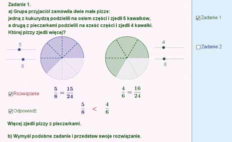 Fragmenty wybranych apletów wykonanych w ramach projektu: Dział: Liczby wymierne dodatnie Temat: Rozwiązywanie zadań tekstowych wymagających obliczeń na liczbach wymiernych dodatnich.