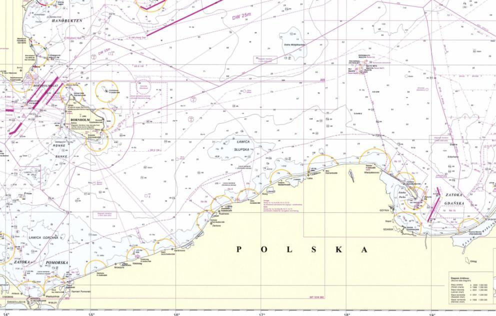 Miejsca instalacji anten i zasięgi brzegowych stacji cyfrowego selektywnego wywołania w paśmie VHF (VHF DSC) obszaru A1 systemu GMDSS polskiego obszaru odpowiedzialności za ratownictwo życia na morzu