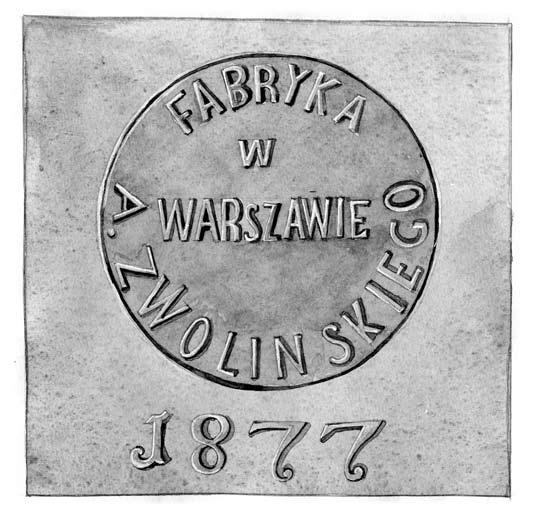 81 Įrašas 1877 m. Palonų varpe. D. Deksnytės pieš. Įrašo vertimas: A. Zvolinskio fabrikas Varšuvoje. 1877 m. (KPC f. 16, ap. 2, s.v. 41) Pasak šaltinio P-31, 1915 m. liepos mėn.