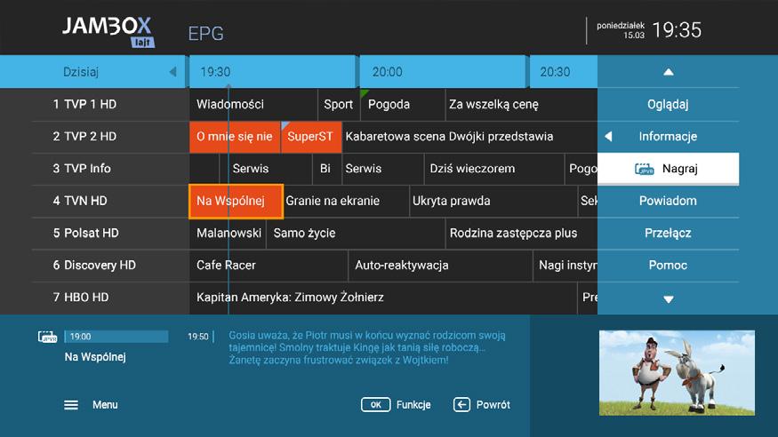 EKRAN NAGRAŃ NAGRYWANIE JAMBO Nagrywarka jest dostępna na wybranych kanałach, które na ekranie EPG są oznaczone ikoną JPVR w lewej dolnej części ekranu (1) Użytkownik zleca nagrywanie np.