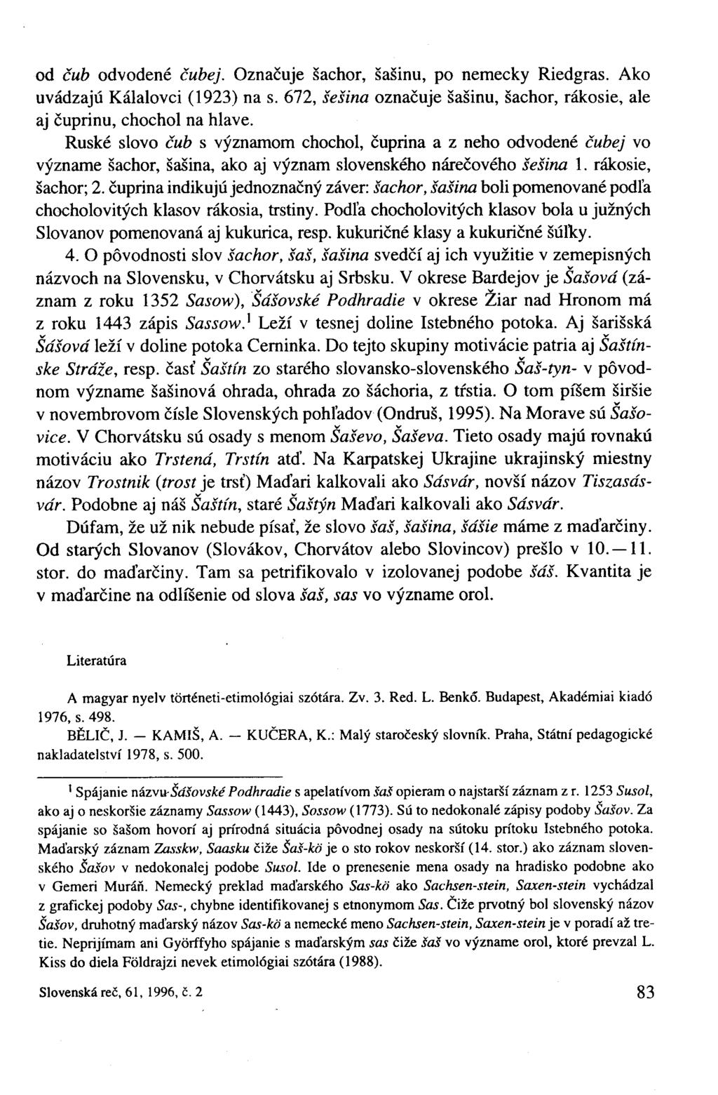 od čub odvodené čubej. Označuje šachor, šašinu, po nemecky Riedgras. Ako uvádzajú Kálalovci (1923) na s. 672, šešina označuje šašinu, šachor, rákosie, ale aj čuprinu, chochol na hlave.