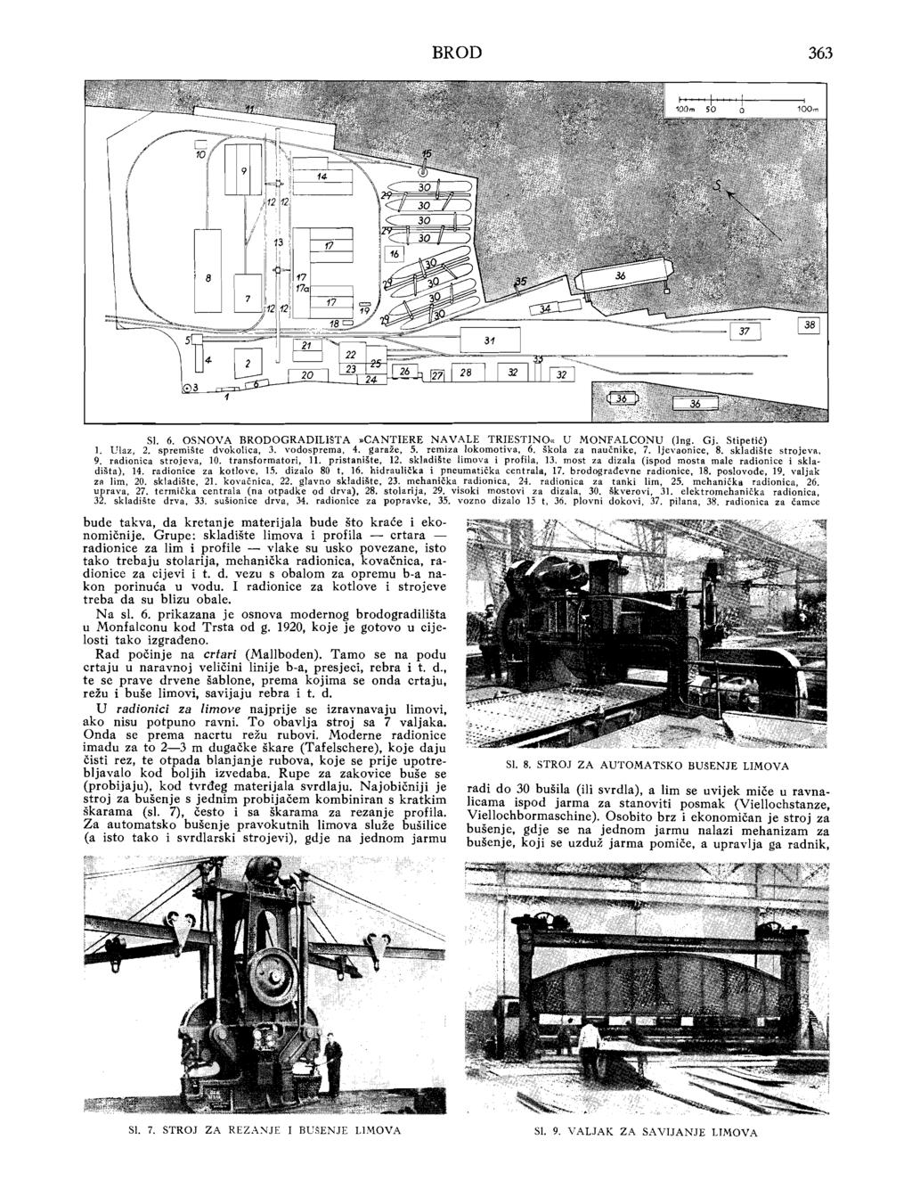 BROD 363 Sl 6 OSNOVA BRODOGRADILISTA»CANTIERE NAVALE TRIESTINO" U MONFALCONU (Ing. Gj. Stipetić) l. Ulaz, 2. 'spr'emište dvokolica, J. vodosprema, 4. garaže, 5. remiza lokomotiva, 6.