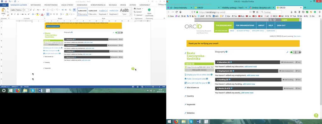Natomiast na stronie ORCID w pomarańczowym polu pojawia się informacja, że