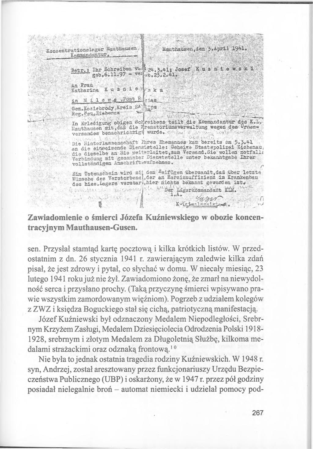 Zawiadomienie o śmierci Józefa Kuźniewskiego w obozie koncentracyjnym Mauthausen-Gusen. sen. Przysłał stamtąd kartę pocztową i kilka krótkich listów. W przedostatnim z dn. 26 stycznia 1941 r.
