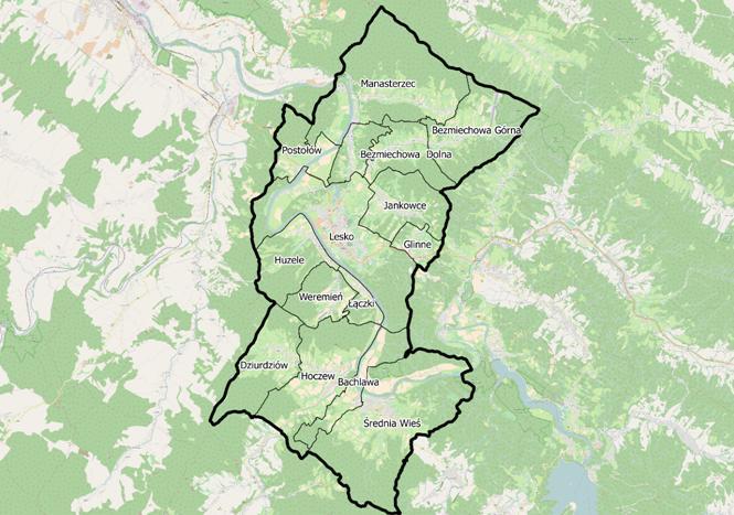 Rysunek 2. Granice gminy Lesko Źródło: opracowanie własne II.2.2. ZABYTKI W gminie Lesko w 2015 roku zlokalizowano 158 zabytkowych obiektów architektury, 12 cmentarzy zabytkowych, 8 parków zabytkowych i 9 zabytków archeologicznych wpisanych do rejestru.